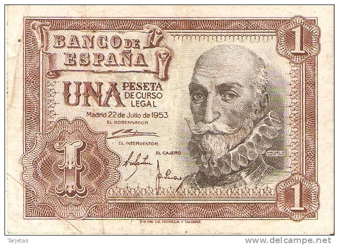 BILLETE DE 1 PTA DEL 22/07/1953 SERIE L CALIDAD RC  (BANKNOTE) - 1-2 Peseten