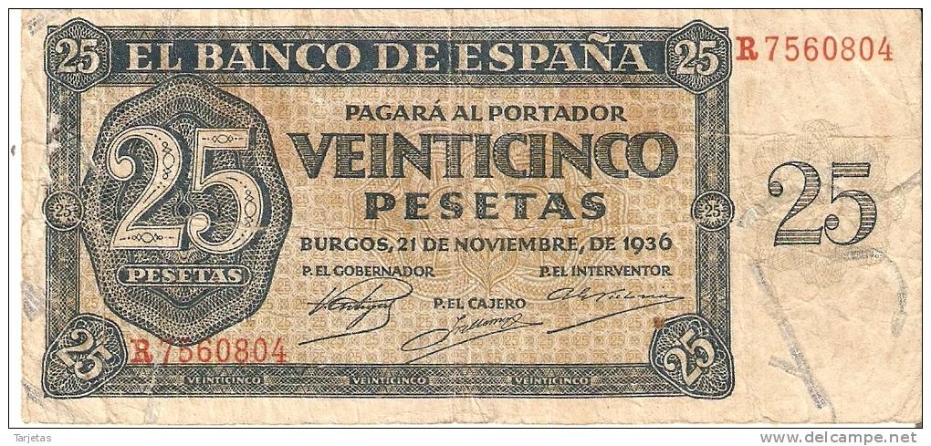 BILLETE DE ESPAÑA DE 25 PTAS DEL 21/11/1936 SERIE R  CALIDAD  BC (BANKNOTE) - 25 Pesetas