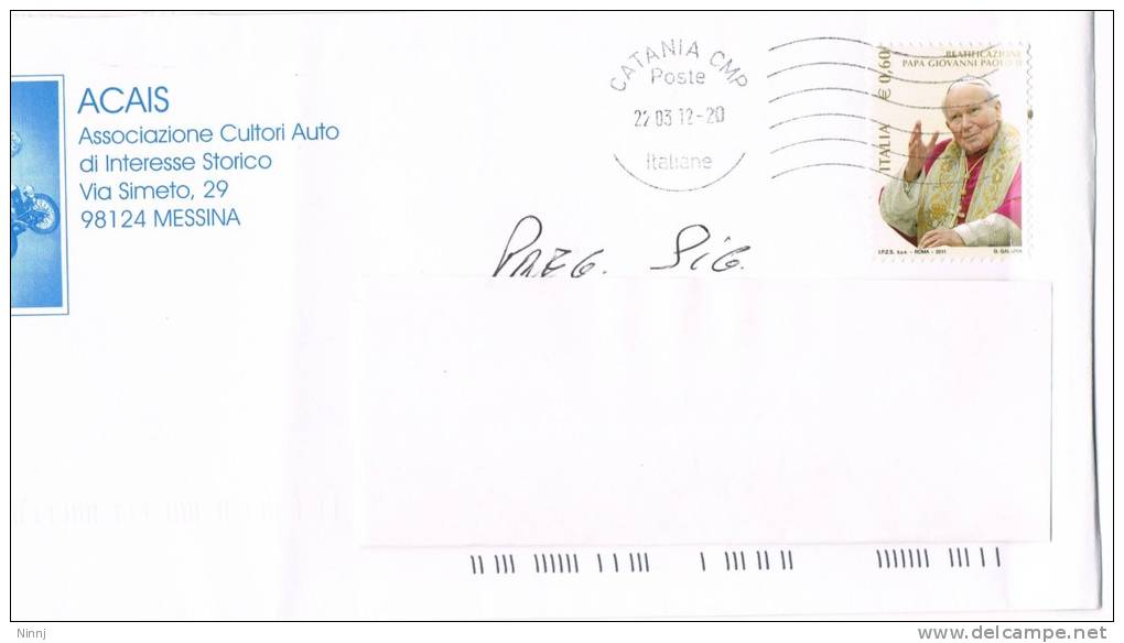 798-Italia 22.03.12- €. 0.60 Beatificazione Papa Paolo II- Isolato Su  Busta - 2011-20: Poststempel