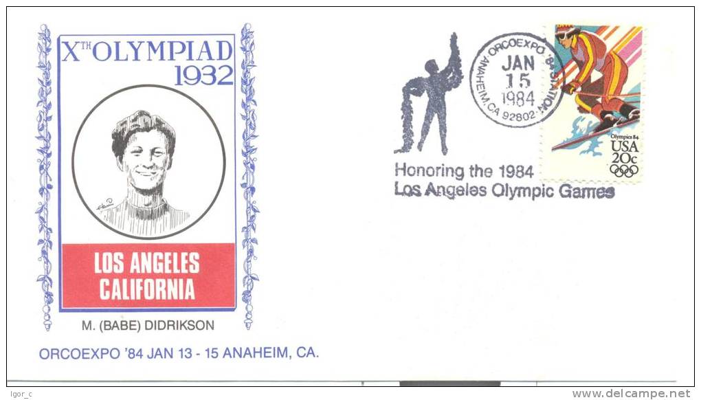 USA Olympic Games 1984; 1932 Olympic Champion M. Babe Didrikson Cachet (track And Field); - Summer 1932: Los Angeles