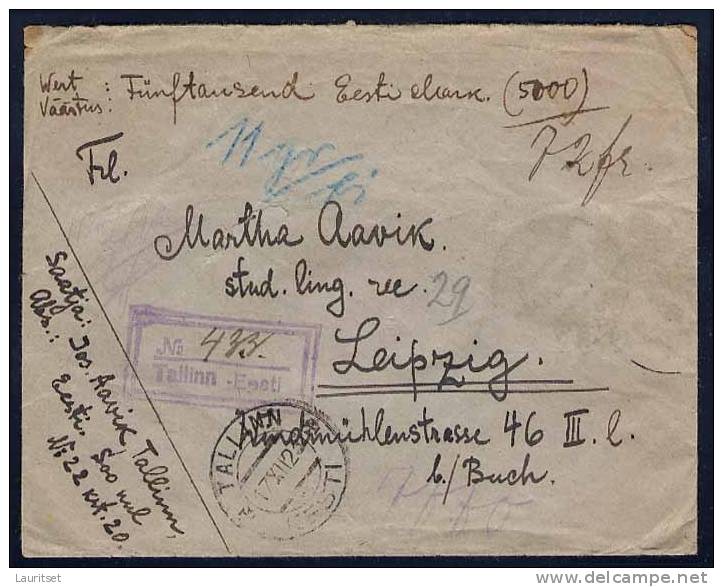 ESTLAND ESTONIA Estonie Registered Money Letter Sent 1923 Tallinn To Germany Leipzig Tallinn Post Office Wax Seals - Estland