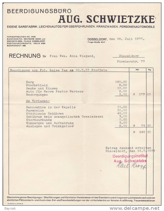 DEUTSCHLAND  --  RECHNUNG  -  AUG. SCHWIETZKE,   DUSSELDORF 1933  --  5 DOKUMENT - 1900 – 1949