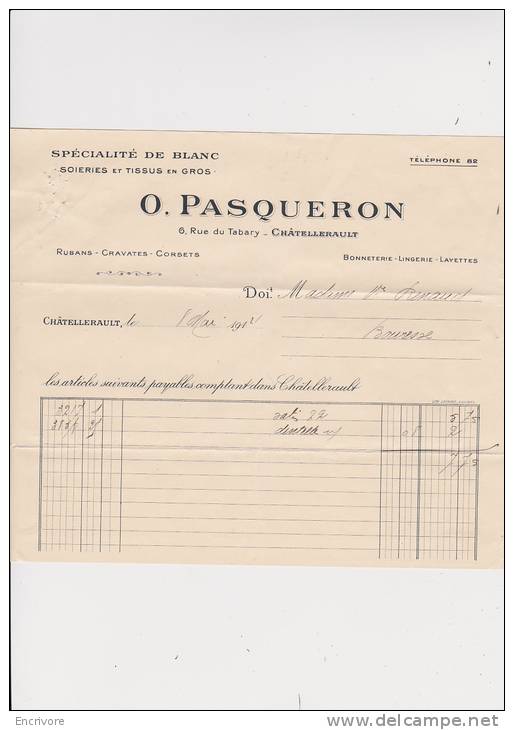 O PASQUERON Specialite De Blanc Soieries Tissus CHATELLERAULT - 1900 – 1949