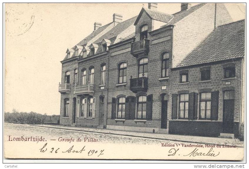 LOMBARTZIJDE-GROUPE DE VILLAS-VERZONDEN KAART 1907-EDIT.V.VANDEVELDE-HOTEL DU LITTORAL - Middelkerke