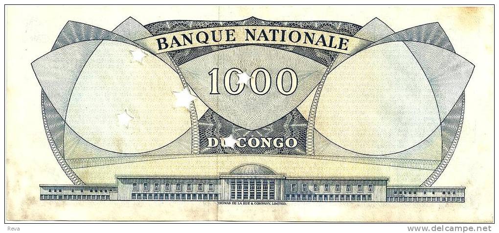 CONGO 1000 FRANCS GREEN MAN FRONT MOTIF BACK PERFORATED STARS DATED 01-08-1964 UNC P8 READ DESCRIPTION !! - Unclassified