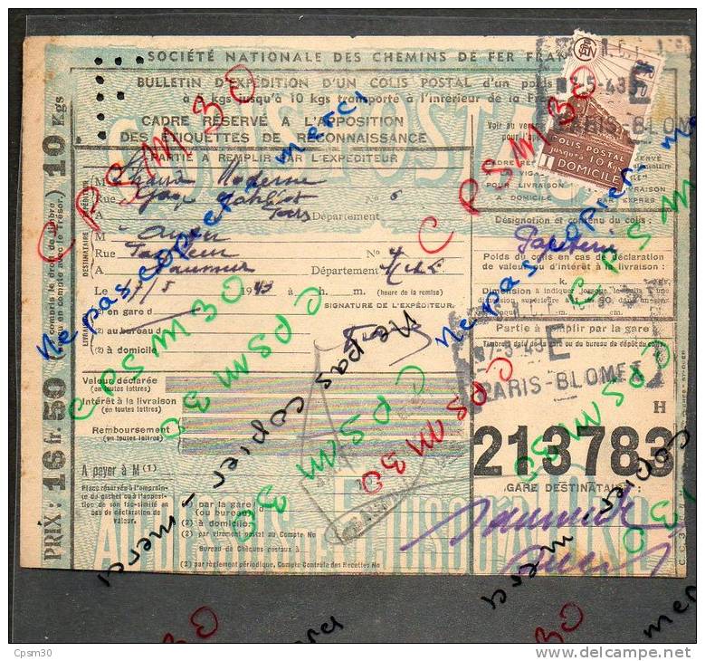 Colis Postaux Bulletin Expédition 16.50fr Timbre 2.70 Barré 3fr N° 213783 Cachet Gare SNCF PARIS BLOME I - Brieven & Documenten