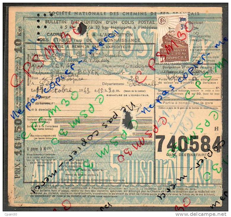 Colis Postaux Bulletin D´ Expédition 16.50fr Timbre 2.70 Barré 3fr N° 740584 Cachet Gare S.N.C.F. PERIGUEUX GV - Brieven & Documenten