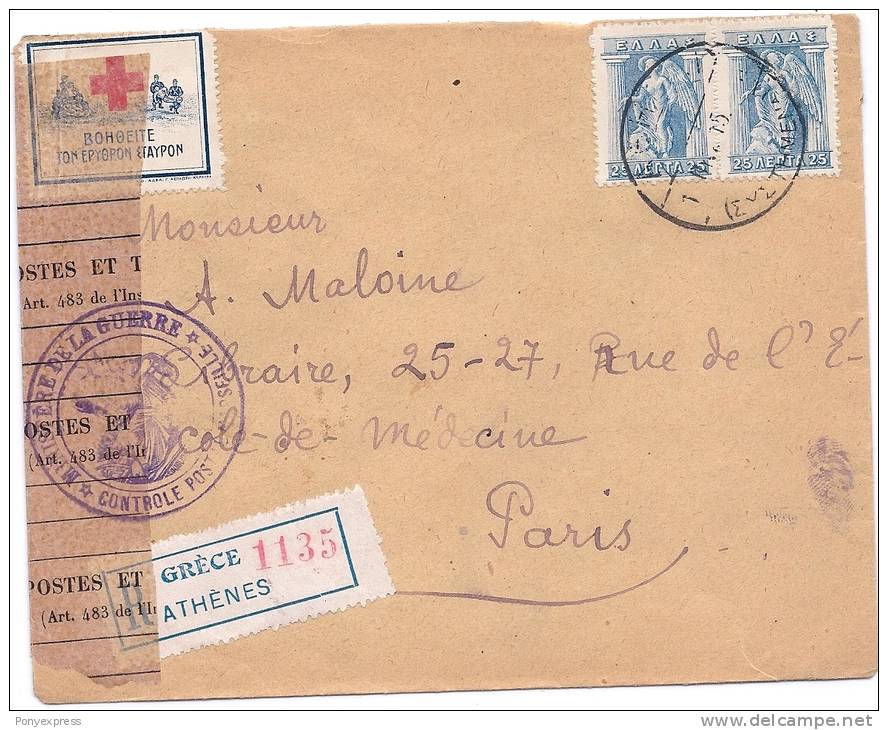 Croix Rouge Grècque Sur Deux Lettres Dont Une Censurée Pour Paris Et L'autre Pour Les U.S.A. - Storia Postale