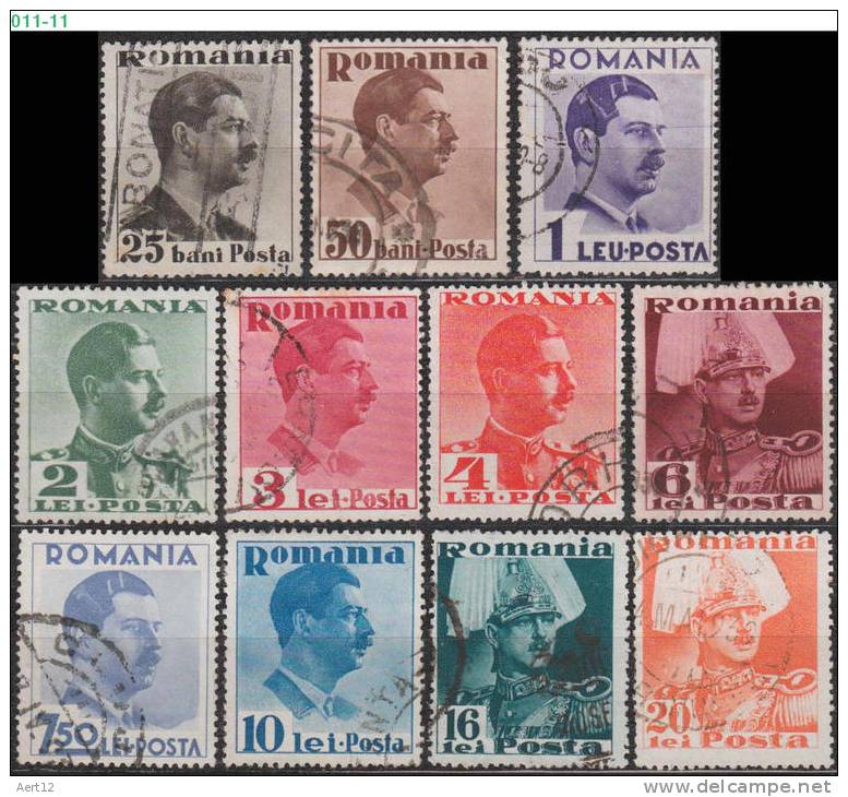ROMANIA, 1935, King Carol II; Sc. 446-51, 53-54, 56, 58-59, Mi. 489-92, 494, 496, 498-99, 502, 505-06 - Gebraucht