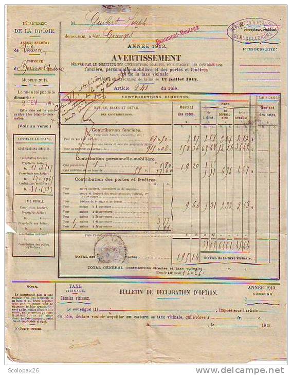 Lot De 9 Avertissements Des Contributions Directes Pour Le Foncier De 1912-1913 Drôme - Autres & Non Classés