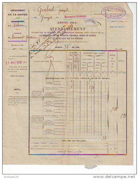 Lot De 9 Avertissements Des Contributions Directes Pour Le Foncier De 1912-1913 Drôme - Autres & Non Classés