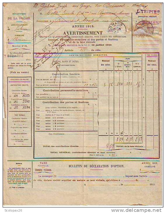 Lot De 9 Avertissements Des Contributions Directes Pour Le Foncier De 1912-1913 Drôme - Autres & Non Classés