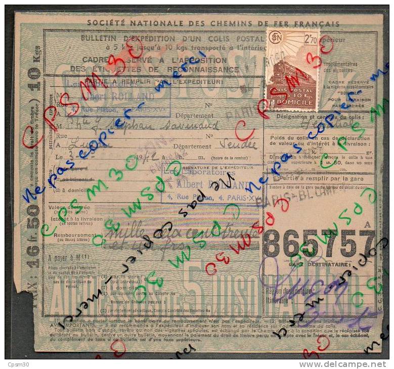 Colis Postaux Bulletin D´expédition 16.50fr Timbre 2.70fr N° 868406 Cachet Gare S.N.C.F. PARIS BLOMET - Brieven & Documenten