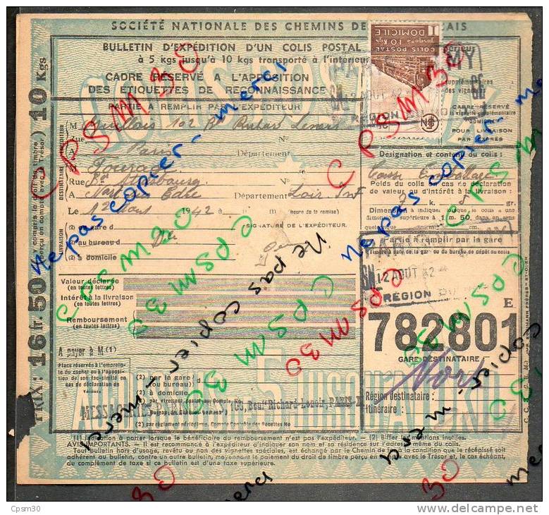 Colis Postaux Bulletin D´expédition 16.50fr Timbre 2.70fr N° 782801 Cachet Gare S.N.C.F. PARIS VALMY - Briefe U. Dokumente