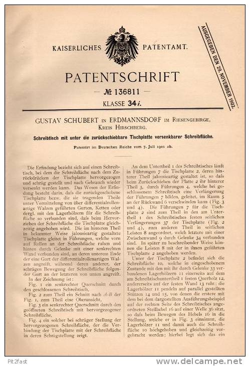 Original Patentschrift - G. Schubert In Erdmannsdorf B. Hirschberg , 1901 , Schreibtisch , Myslakowice B. Jelina Góra !! - Sonstige & Ohne Zuordnung