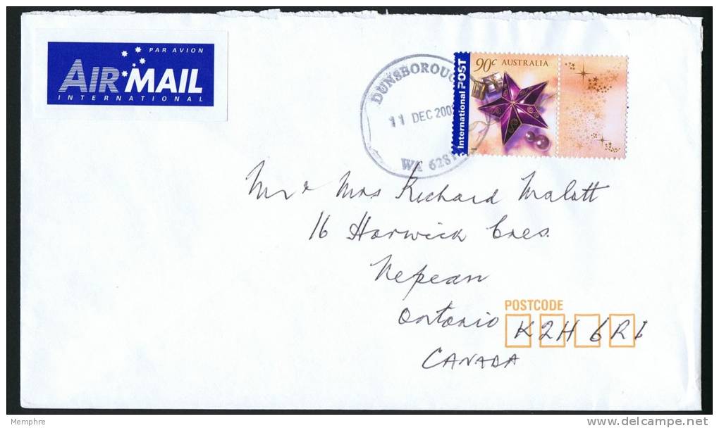 2002  Air Letter To Canada Christmas 90 Cents International Stamp - Brieven En Documenten