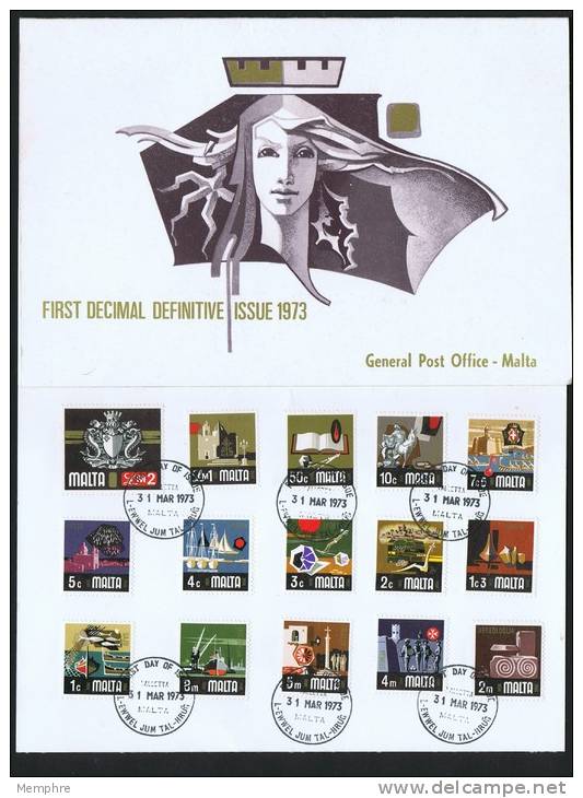 1973 Definitives Complete Set Of 15 In Presentation Folder With First Day Cancel - Malta