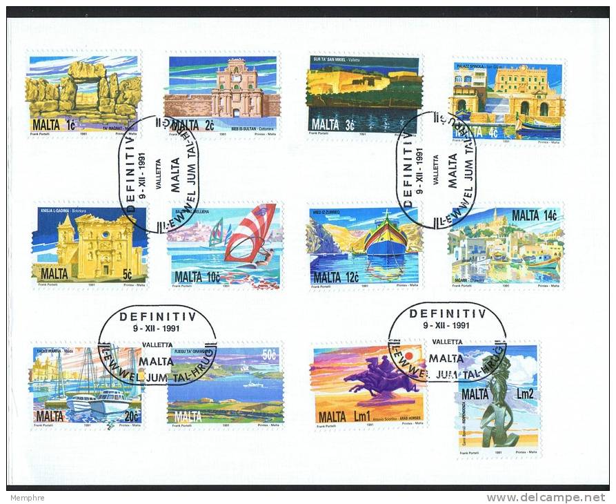 1991 Definitives Complete Set Of 12 In Presentation Folder With First Day Cancel - Malta
