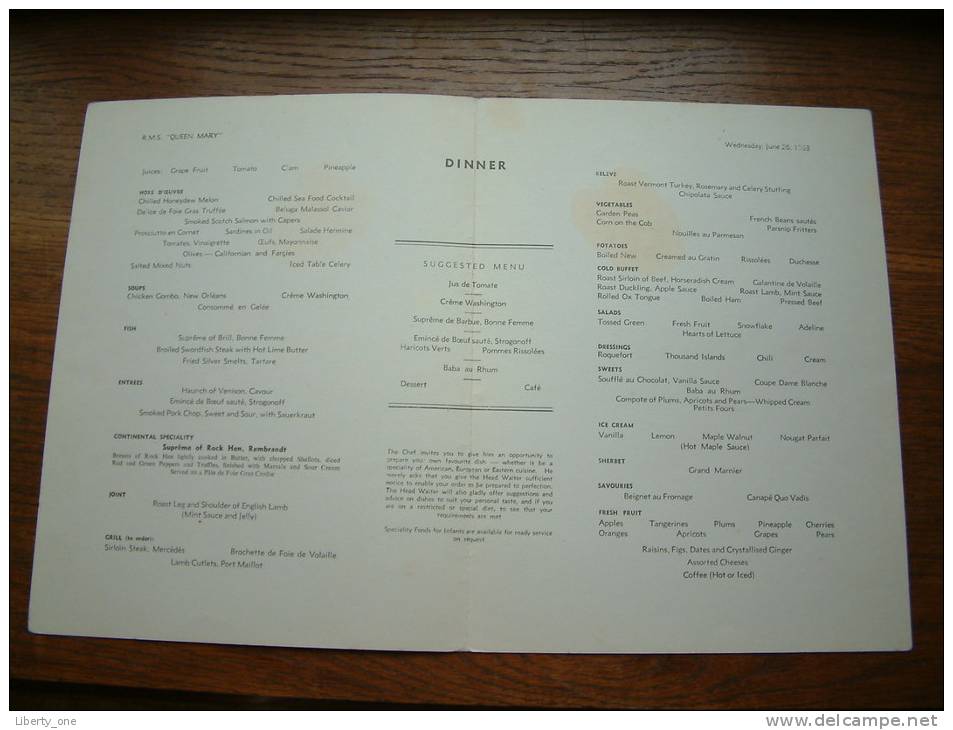 R.M.S. " QUEEN MARY " Dinner - 1963 / CUNARD WHITE STAR ( Voir Photo Pour Detail )! - Menus