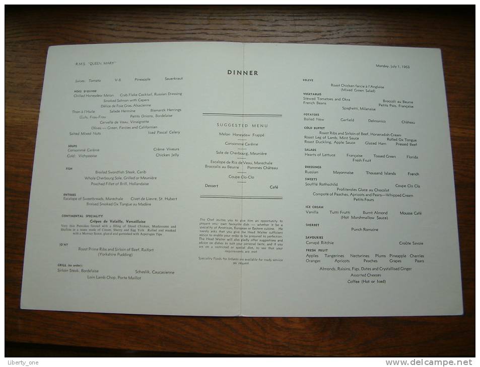 R.M.S. " QUEEN MARY " Dinner - 1963 / CUNARD WHITE STAR ( Voir Photo Pour Detail )! - Menus