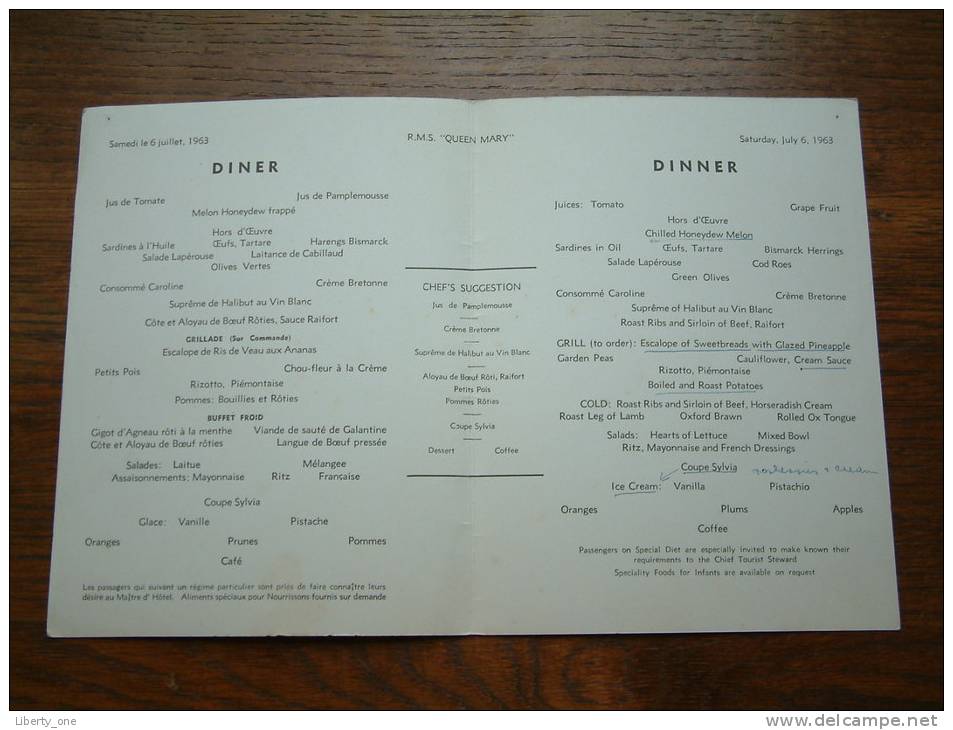 R.M.S. " QUEEN MARY " Dinner - 1963 / CUNARD WHITE STAR ( Voir Photo Pour Detail )! - Menus