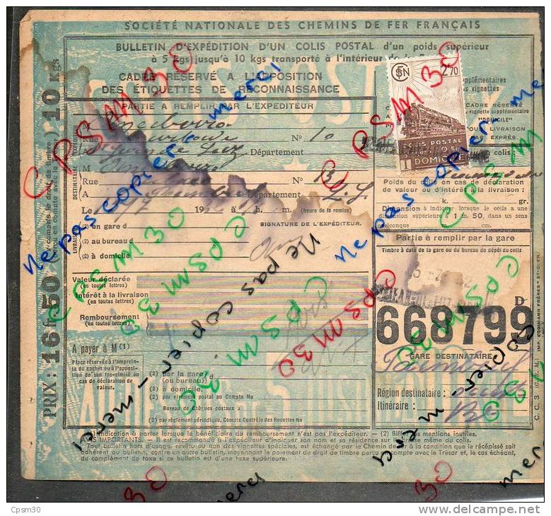 Colis Postaux Bulletin Expédition 16.50fr Timbre 2.70fr N° 668799 Cachet Gare S.N.C.F. Saint JEAN De LUZ Et PAIMBOEUF GV - Covers & Documents