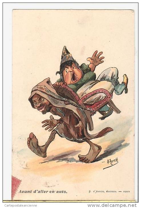 &curren; TUNISIE Caricature Judaica HERZIG AVANT D'ALLER En AUTO Porteur Chaise Dos Bizerte 1905à PRESSAT Puy Cathelin D - Judaisme