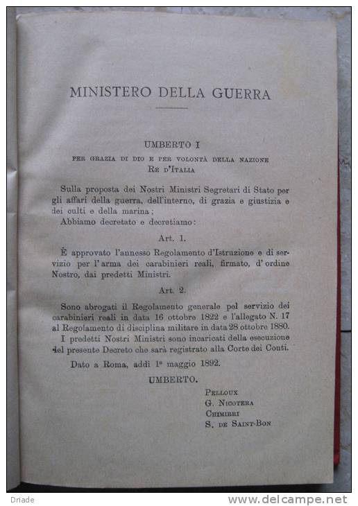 LIBRO REGOLAMENTO D´ISTRUZIONE E SERVIZIO PER ARMA DEI CARABINIERI REALI EDIZIONE LIBRERIA MILITARE ROMA ANNO 1892 - Autres & Non Classés