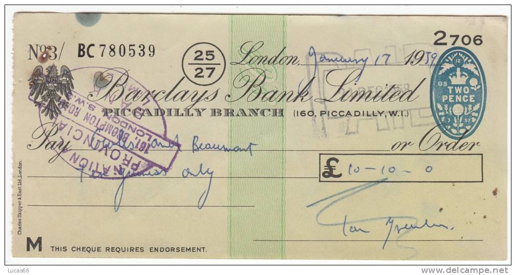 BARCLAYS BANK CHEQUE - PICCADILLY BRANCH - 1959 - USED - Letras De Cambio