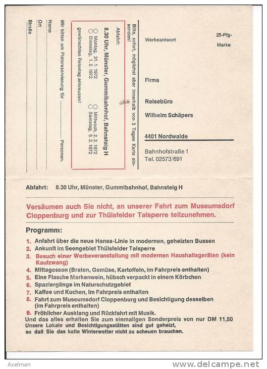 NORDWALDE: Carte De Reservation Reisebüro W. Schäpers Pour Visite Touristique, Cloppenburg,ect..... - Automobil