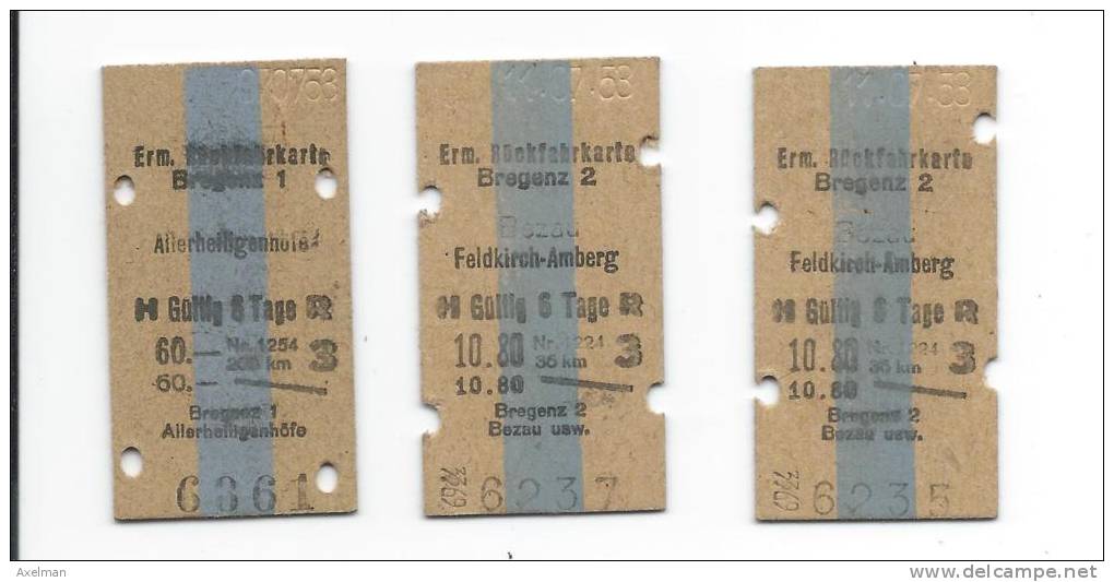 AUTRICHE: Bregenz à Bezau, 3 Tickets De Train Du 11/07/1953 - Europa