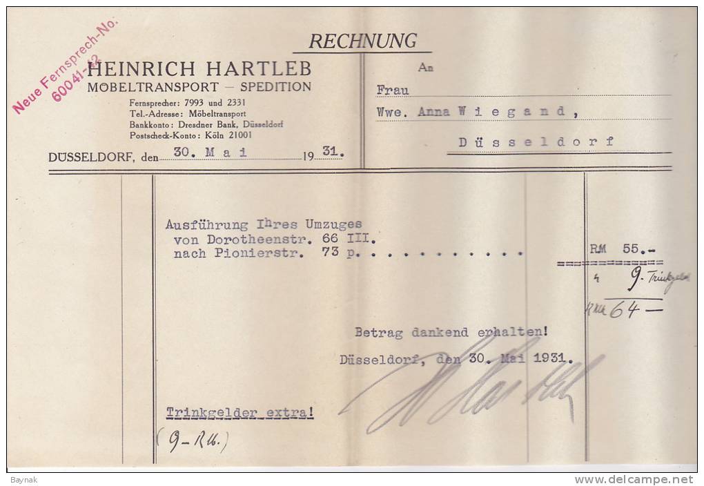 RECHNUNG  -  DUSSELDORF 1931 - 1900 – 1949