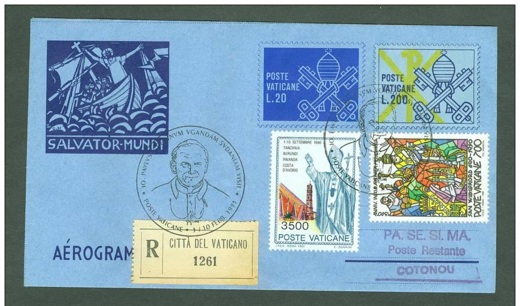 VATICAN 1993 AEROGRAMME REGISTERED POPE JOHN PAUL II Travel To COUTONOU BENIN (WITH NEWSPAPER OF EVENT) (E6399 - Lettres & Documents