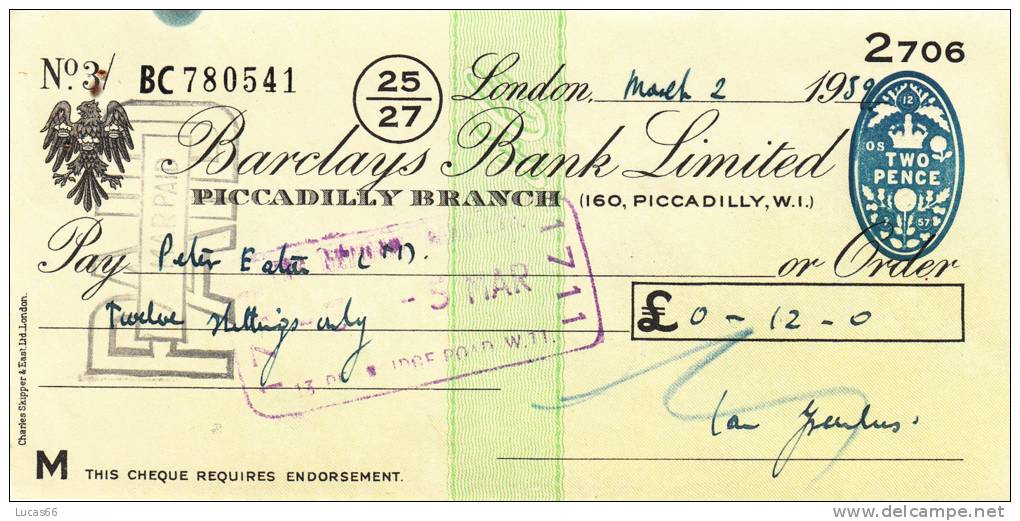 BARCLAYS BANK CHEQUE - PICCADILLY BRANCH - 1959 - USED - Bills Of Exchange