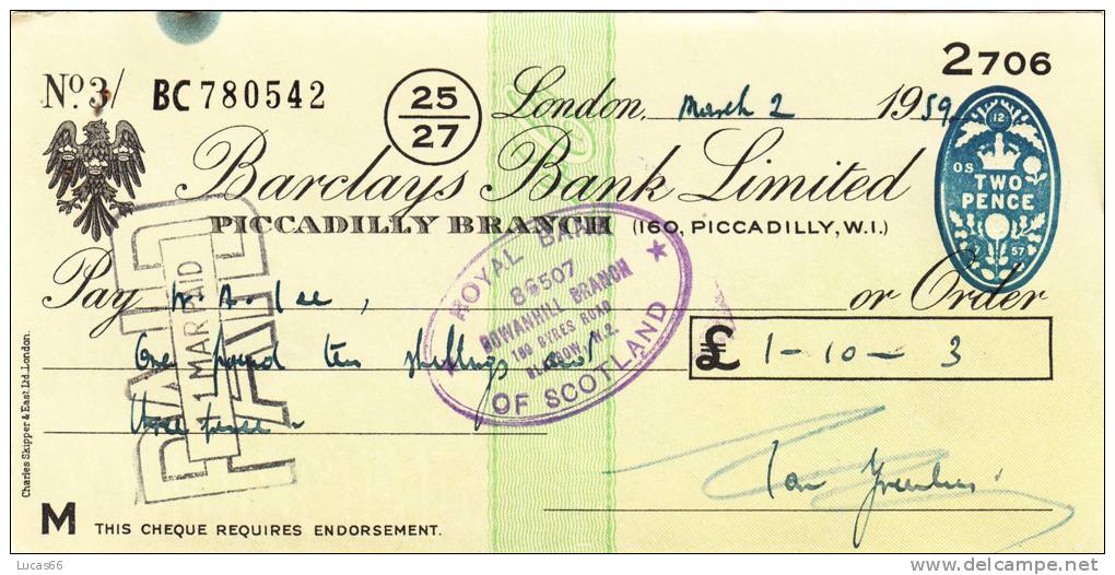 BARCLAYS BANK CHEQUE - PICCADILLY BRANCH - 1959 - USED - Lettres De Change