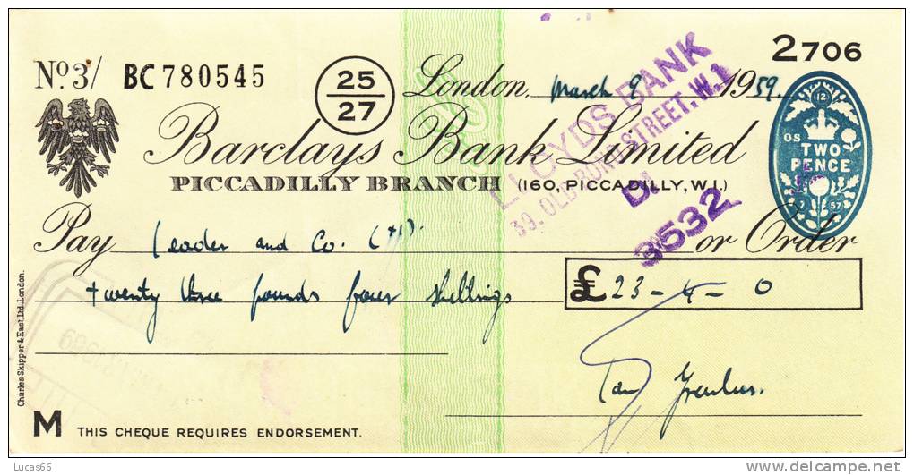 BARCLAYS BANK CHEQUE - PICCADILLY BRANCH - 1959 - USED - Lettres De Change
