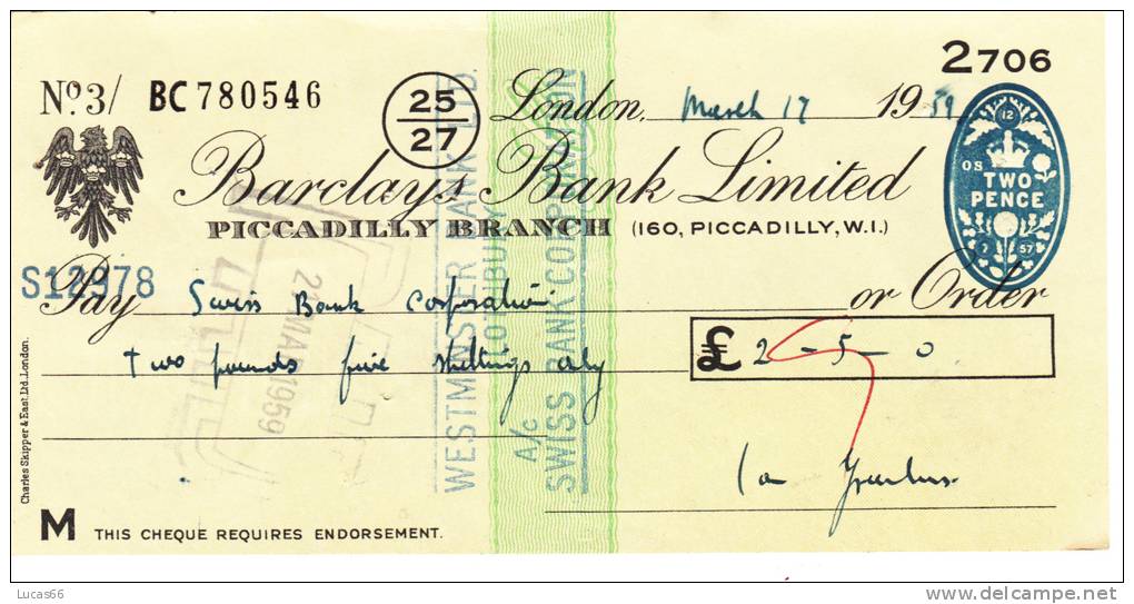 BARCLAYS BANK CHEQUE - PICCADILLY BRANCH - 1959 - USED - Lettres De Change