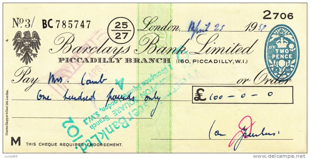 BARCLAYS BANK CHEQUE - PICCADILLY BRANCH - 1959 - USED - Lettres De Change