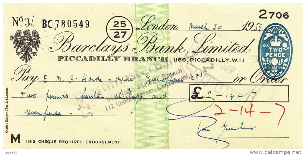 BARCLAYS BANK CHEQUE - PICCADILLY BRANCH - 1959 - USED - Cambiali