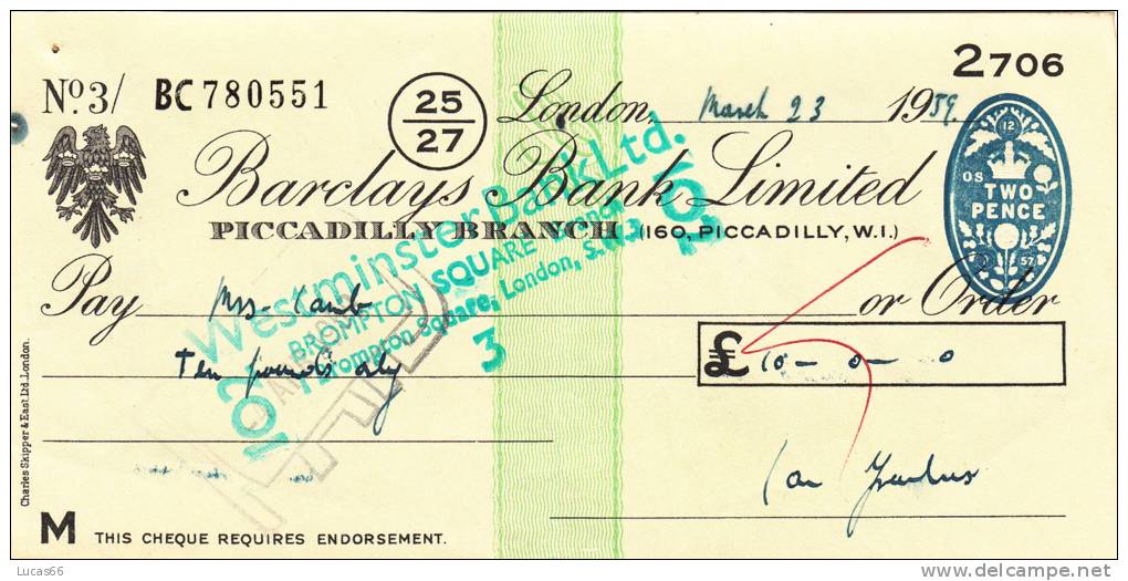 BARCLAYS BANK CHEQUE - PICCADILLY BRANCH - 1959 - USED - Lettres De Change