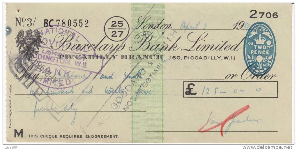 BARCLAYS BANK CHEQUE - PICCADILLY BRANCH - 1959 - USED - Bills Of Exchange