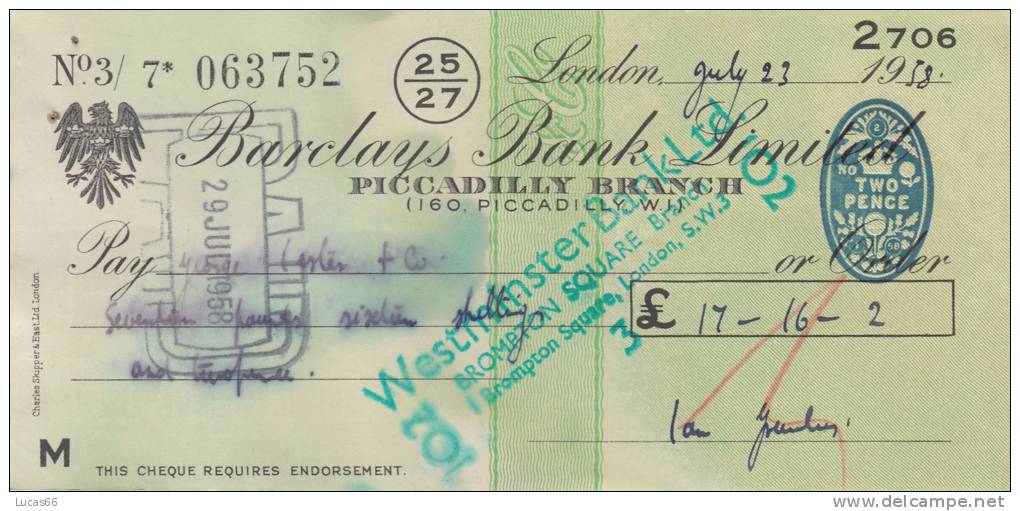 BARCLAYS BANK CHEQUE - PICCADILLY BRANCH - 1958 - USED - Lettres De Change