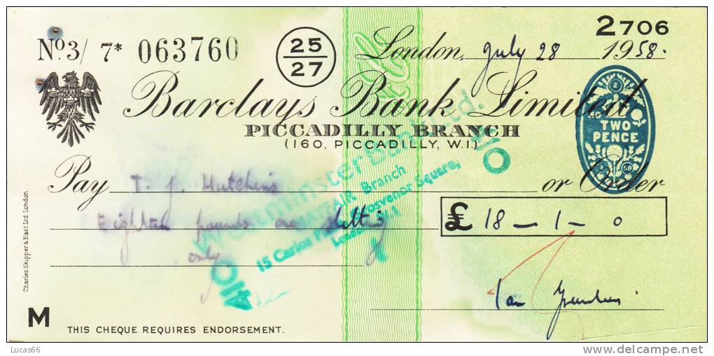 BARCLAYS BANK CHEQUE - PICCADILLY BRANCH - 1958 - USED - Lettres De Change