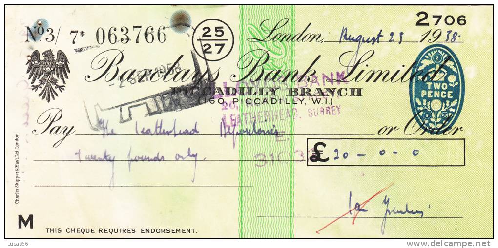 BARCLAYS BANK CHEQUE - PICCADILLY BRANCH - 1958 - USED - Lettres De Change