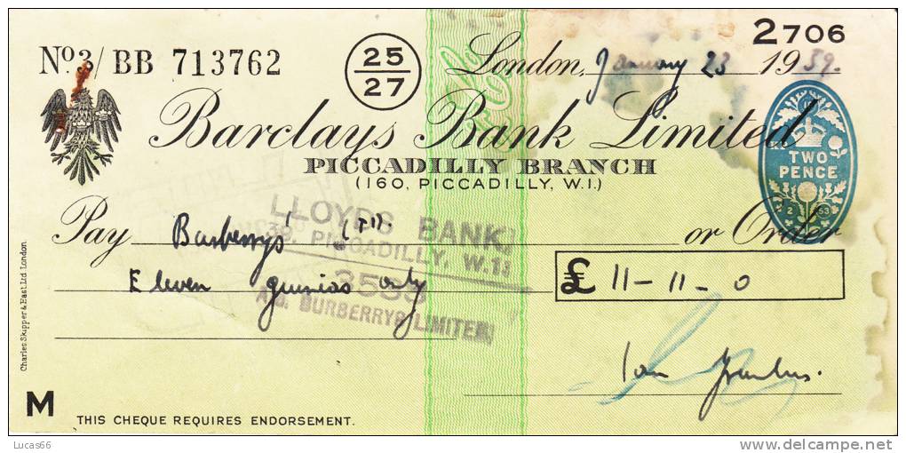 BARCLAYS BANK CHEQUE - PICCADILLY BRANCH - 1958 - USED - Lettres De Change