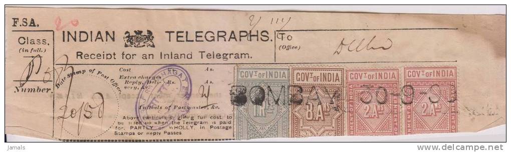Br India Queen Victoria Telegraph Receipt, Bombay To Delhi, 1899, India As Per The Scan - 1882-1901 Empire