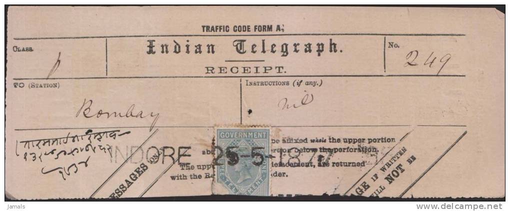 Br India Queen Victoria Telegraph Receipt 1877, India As Per The Scan - 1882-1901 Empire