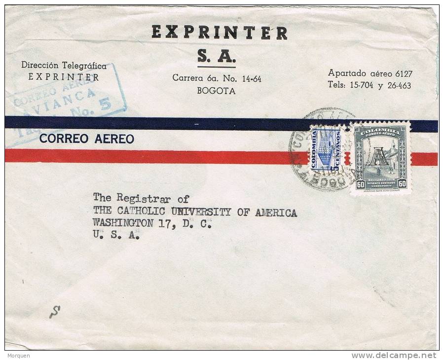 0106. Carta Aerea BOGOTA (Colombia) 1953. Correo Aereo AVIANCA - Colombia
