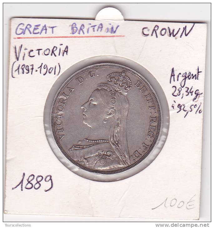 ROYAUME UNI Reine VICTORIA @ Crown Couronne Argent 1889  39 Mm @ ECU Silver 28,34 Gr. à 92,5 % - 2 Photos - M. 1 Crown