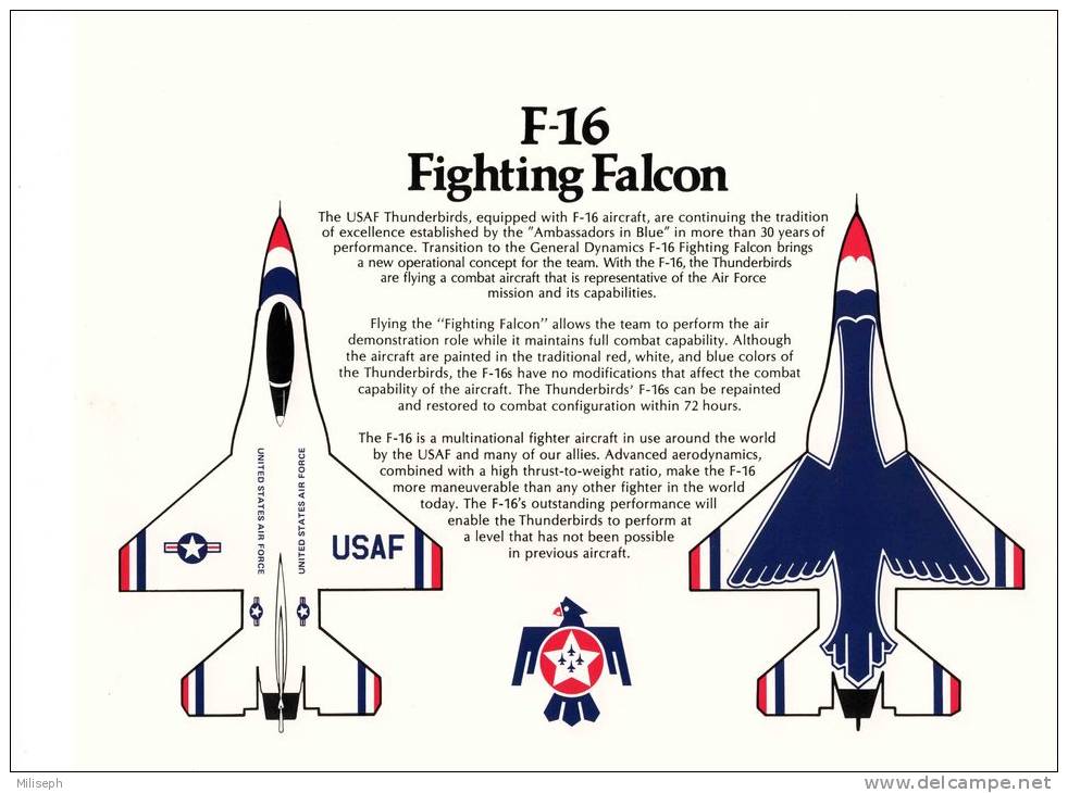 Photo - Fiche Technique - Avion - F-16 Fighting Falcom - U.S. AIR FORCE THUNDERBIRDS AIR DEMONSTRATION SQUADRON   (2863) - Luchtvaart